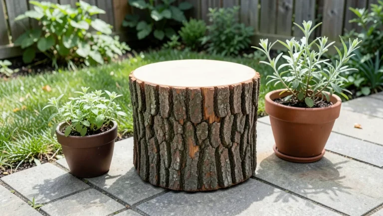 Cedar tree stump repurposed as a rustic outdoor side table in a backyard garden