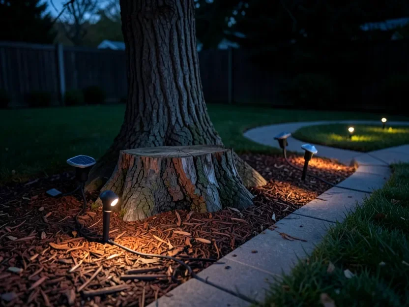 Cedar stump used as a base for solar garden lights along a mulched path