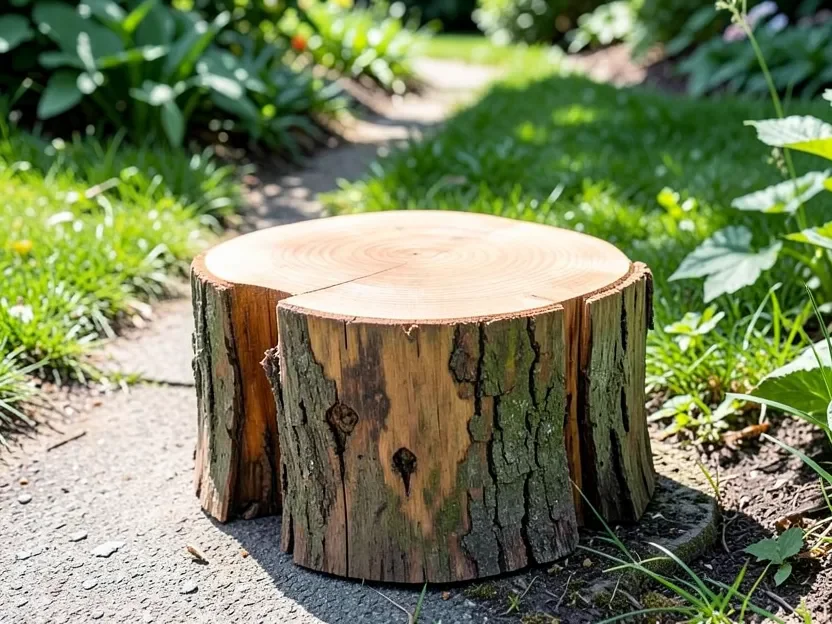 Cedar stump carved into a rustic wooden stool beside a garden path