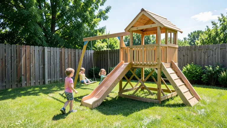 Cedar wood backyard swing set with children playing on a sunny day
