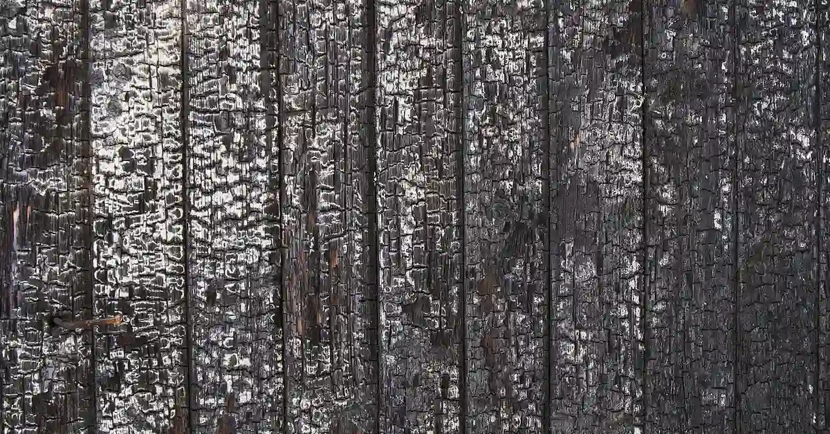 Close-up of charred wood boards showing the alligator-skin texture from surface charring