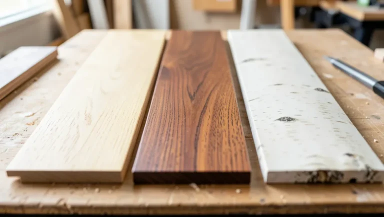 Side-by-side comparison of oak, hickory, and birch hardwood flooring samples showing different cost tiers