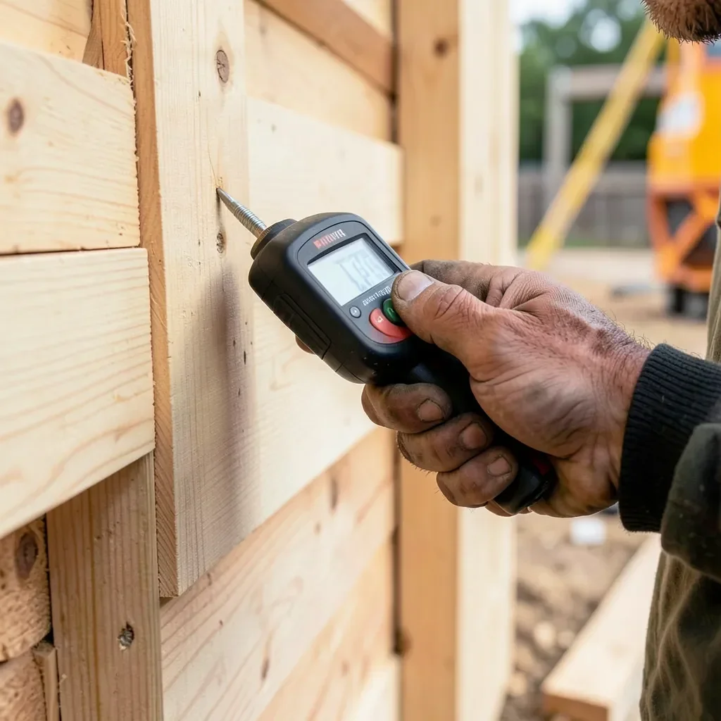 Checking wood stud moisture content with a pin-type moisture meter before framing a wall