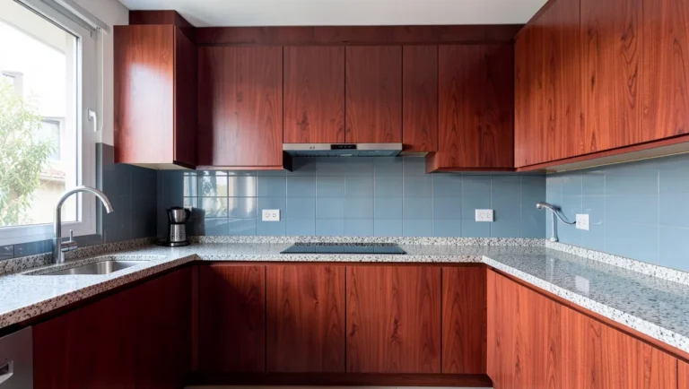 Reddish-brown cherry wood kitchen cabinets paired with a blue-gray tile backsplash for cool contrast