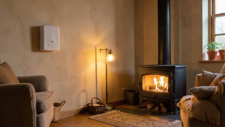 Carbon monoxide detector mounted on the wall near a lit wood-burning stove in a living room