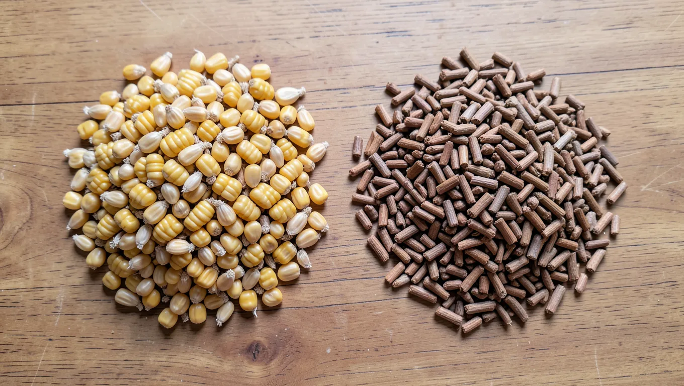 Corn kernels next to wood pellets, side by side comparison