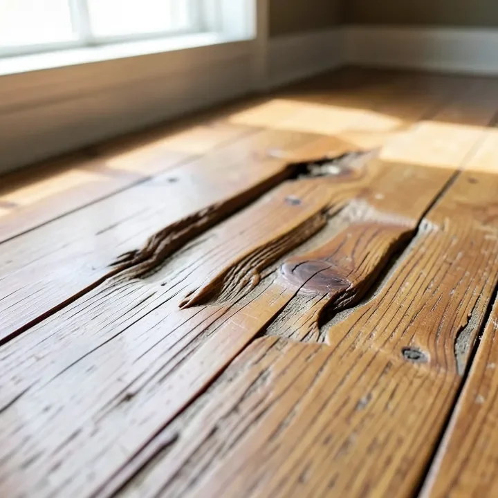 Close-up of cupped hardwood floor boards with raised edges from moisture damage
