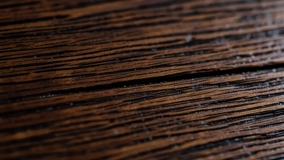Close-up of dark stained oak wood grain showing deep brown color and open grain pattern