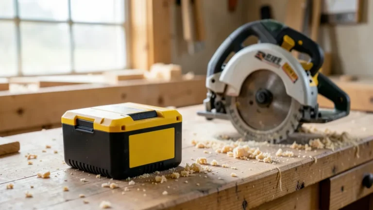 Cordless battery pack next to a circular saw on a woodworking workbench