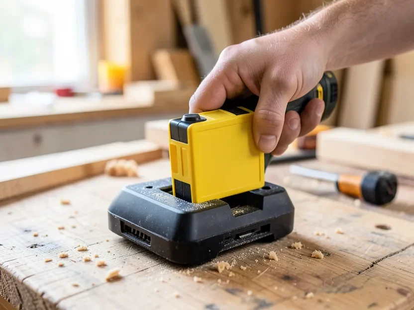 Hand sliding a FlexVolt battery pack into a cordless power tool on a workbench