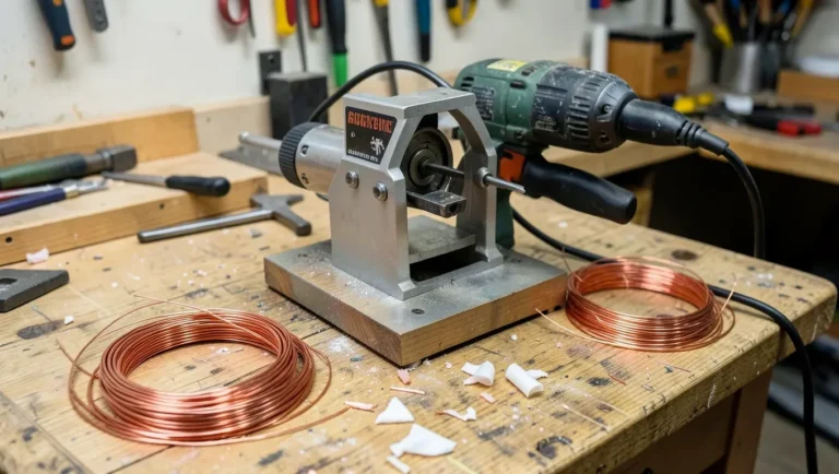 Homemade drill-powered wire stripping machine on a workbench with coils of stripped scrap copper wire