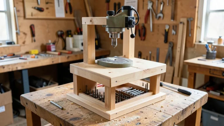Homemade DIY drill press stand with wide plywood base and bit storage shelf