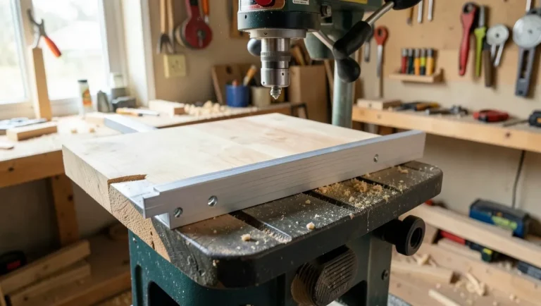 DIY drill press table with T-track fence mounted on a benchtop drill press
