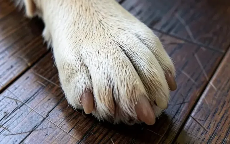 Untrimmed dog nails on hardwood Dog paw with visible untrimmed nails resting on a scratched dark hardwood floor
