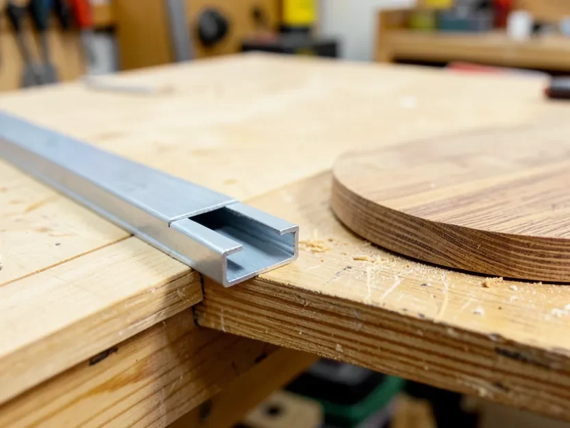 Close-up of the T-track channel and replaceable center insert disc in a DIY drill press table