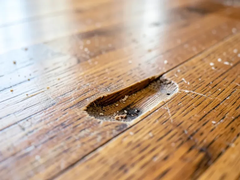 A gouge in a hardwood floor caused by a drum sander pausing in one spot