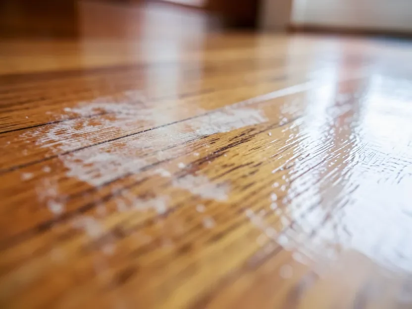 Close-up of a dull, streaky residue film on a hardwood floor finish next to a clean glossy section