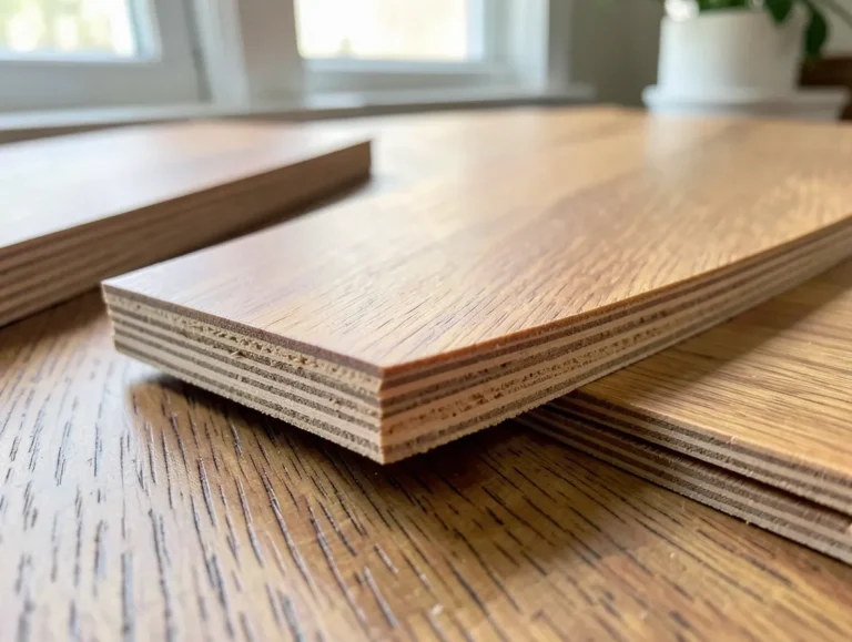 Cross-section of engineered hardwood plank showing plywood core and real hardwood veneer top layer