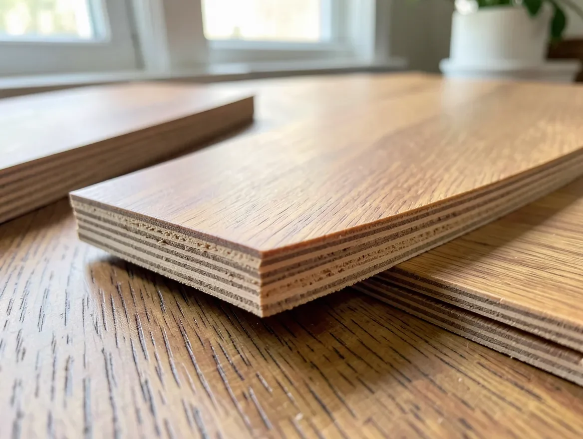 Cross-section of engineered hardwood plank showing plywood core and real hardwood veneer top layer