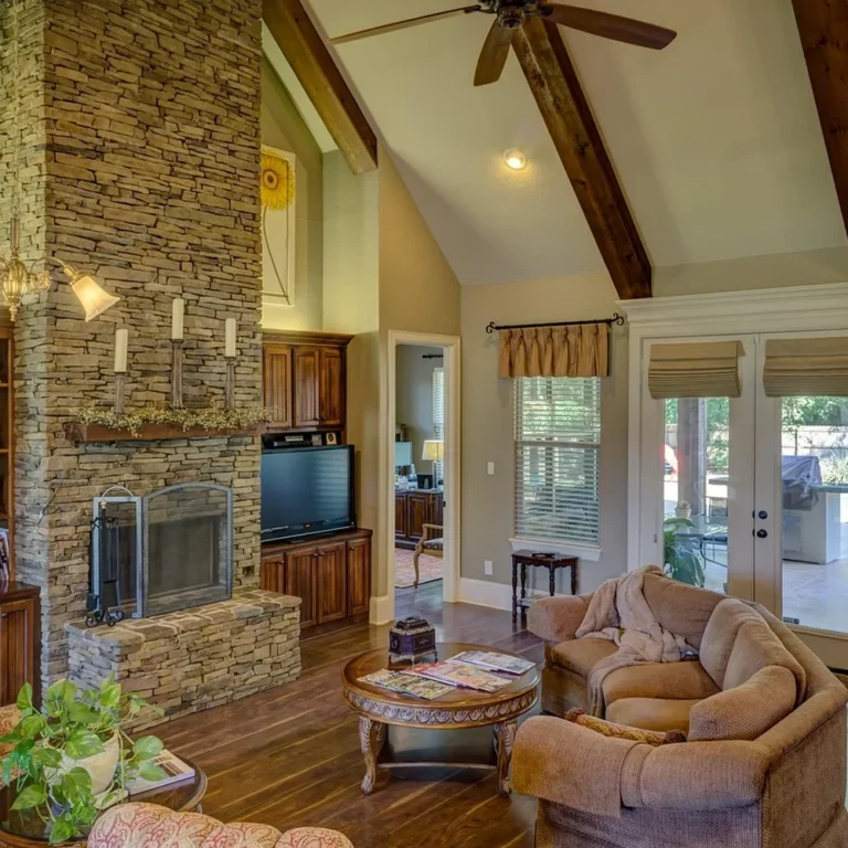 Living room with refinished engineered wood floor