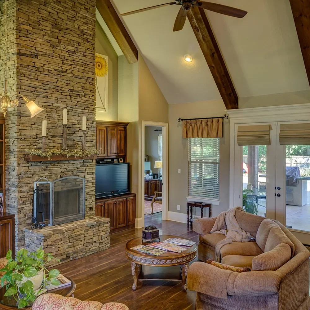 Living room with refinished engineered wood floor