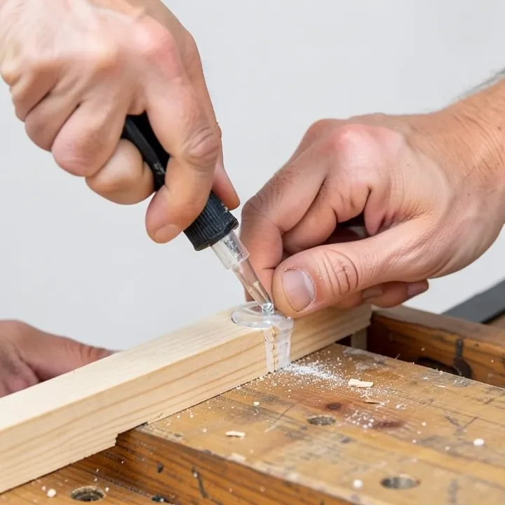 Applying two-part epoxy glue to a wood joint held together with a clamp