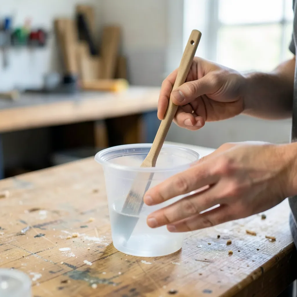 Mixing clear epoxy resin and hardener with a wooden stick