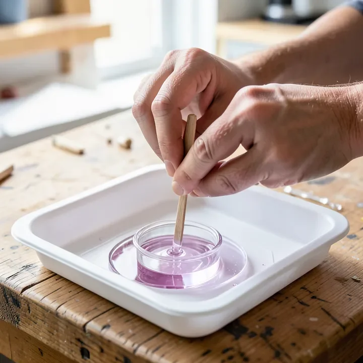 Hands mixing epoxy resin and hardener together on a mixing tray with a wooden stick