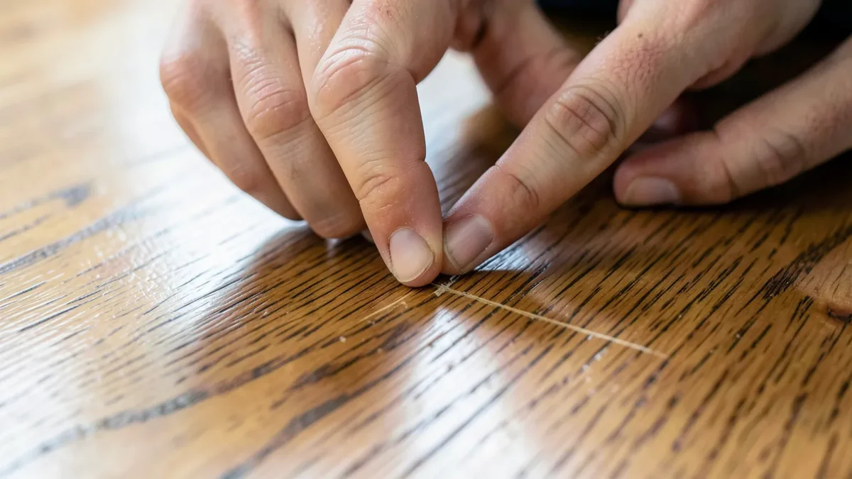 Running a fingernail across a scratch to check whether it broke through the finish or into the wood