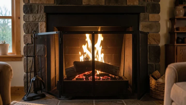 A wood fire burning safely behind a mesh fire screen in a home fireplace