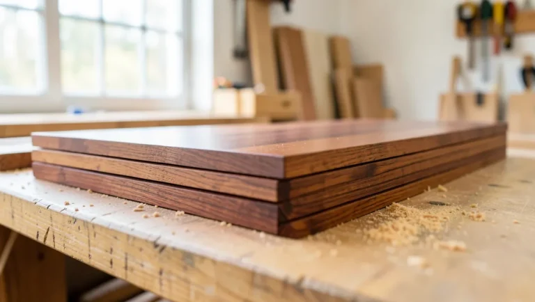 Stack of genuine mahogany lumber planks showing reddish-brown grain in a woodworking shop