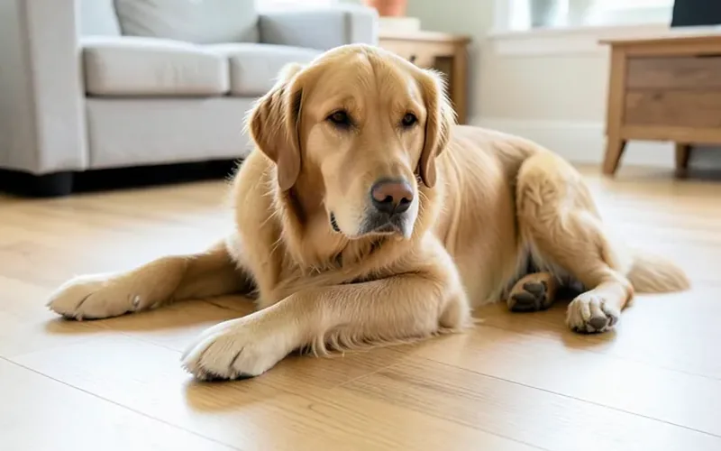 Dog on matte-finish hardwood floor Golden retriever lying on a light matte-finish hardwood floor in a living room