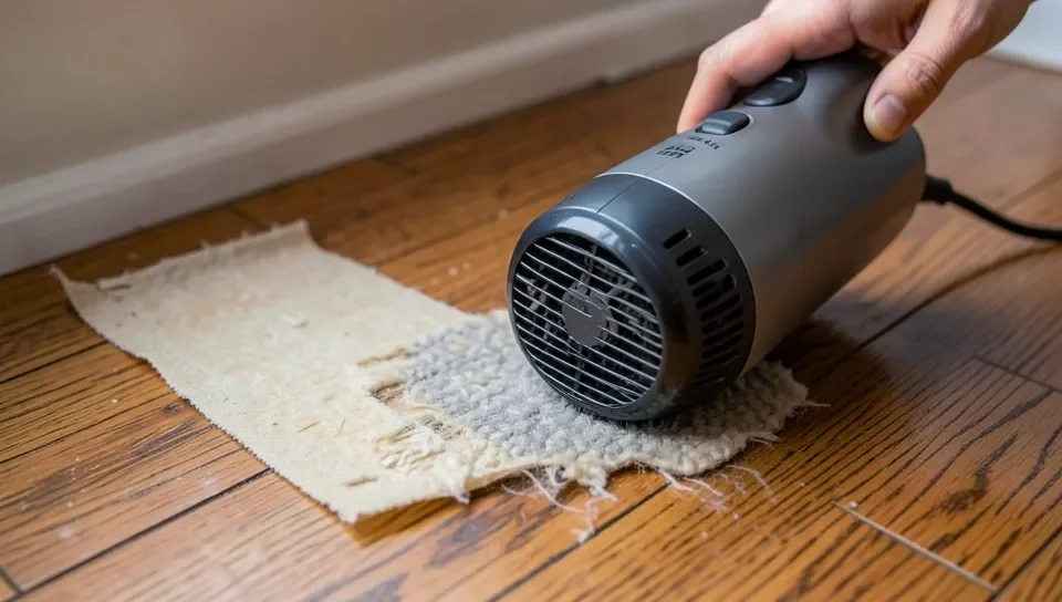 Using a hair dryer to soften carpet tape adhesive before removal