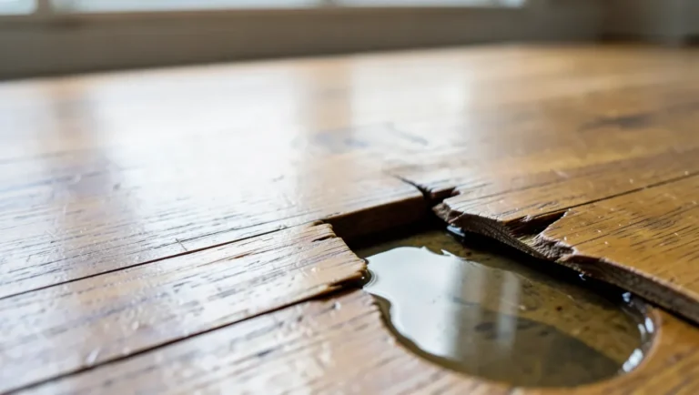 Cupped and warped hardwood floor plank next to a puddle of water showing real water damage