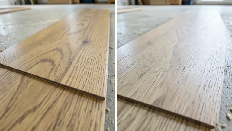 Solid oak hardwood flooring boards next to laminate flooring planks for a side-by-side comparison