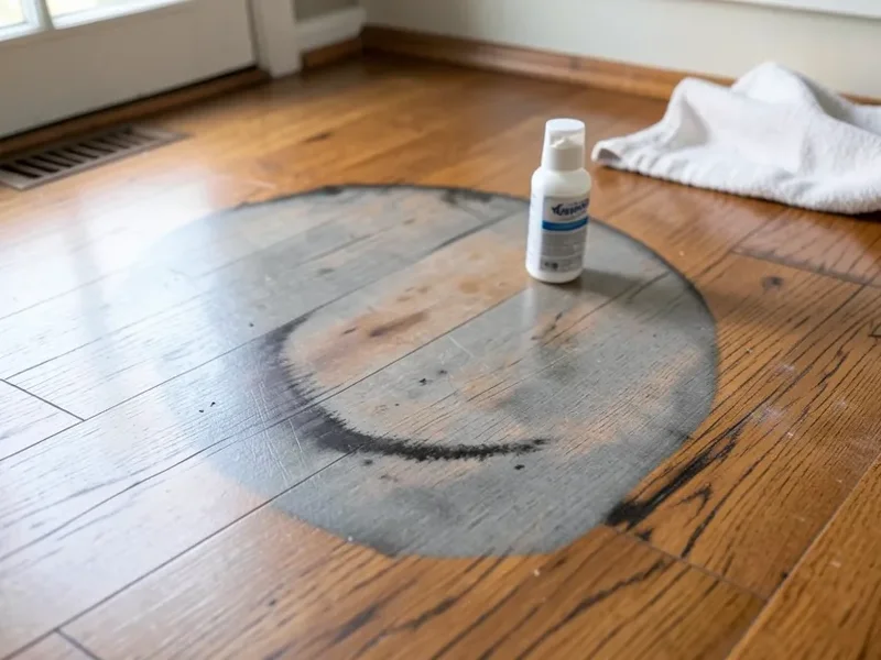 A dark water stain soaked into hardwood flooring
