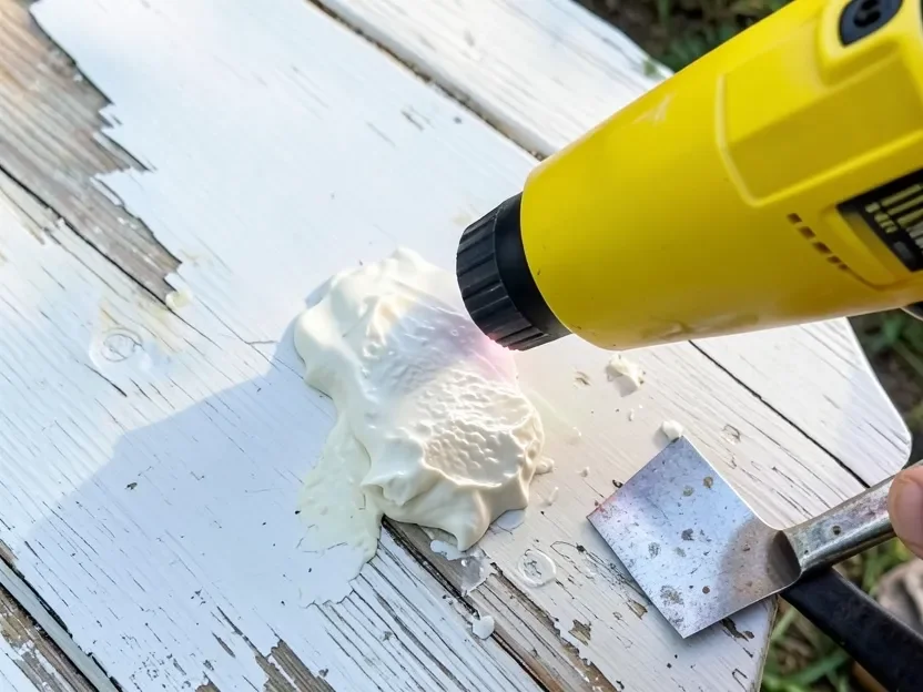heat gun softening and bubbling old paint on a wood board before scraping