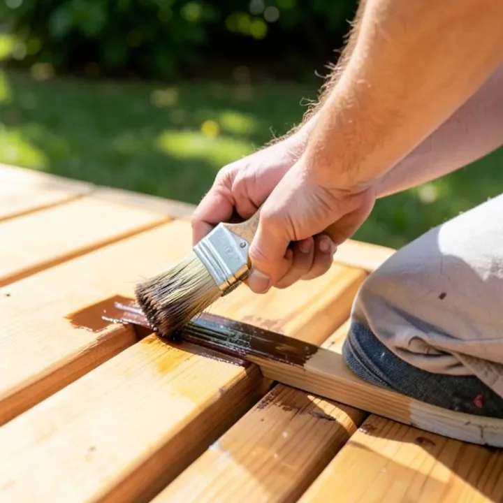 applying stain and sealant to a cedar deck board applying stain and sealant to a cedar deck board