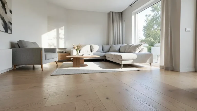 Bright living room with light oak engineered hardwood flooring showing real wood grain