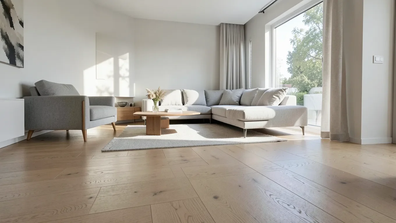 Bright living room with light oak engineered hardwood flooring showing real wood grain