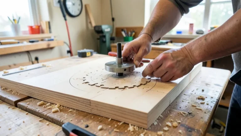 Jigsaw cutting a circle in wood using a pivoting circle cutting jig