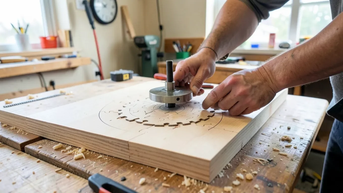 Jigsaw cutting a circle in wood using a pivoting circle cutting jig