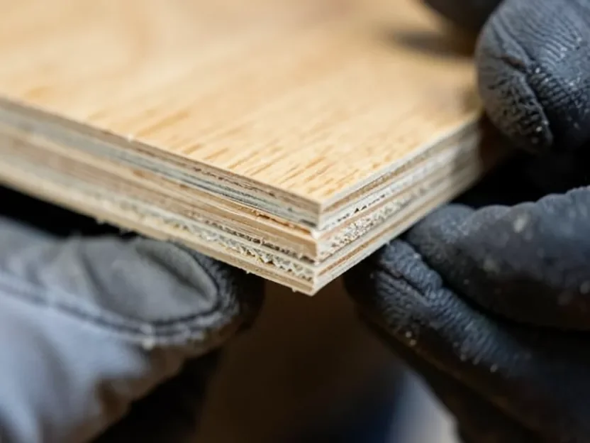 Close-up of a laminate flooring plank's layered construction being handled during installation