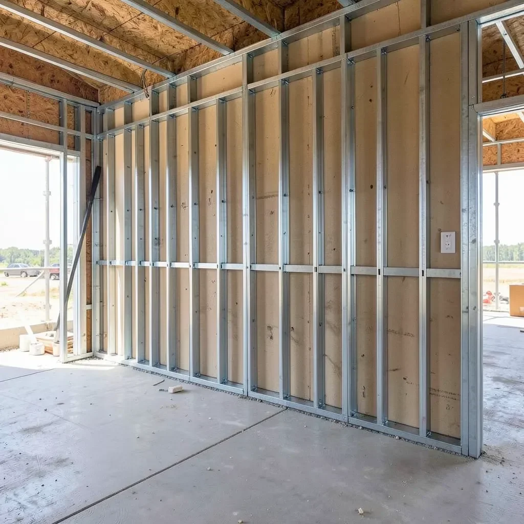 Light-gauge steel stud wall framing in a building under construction