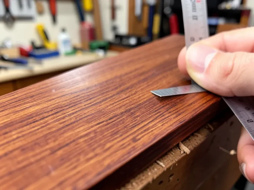 Hand measuring the edge of a sanded mahogany board showing fine ribbon grain