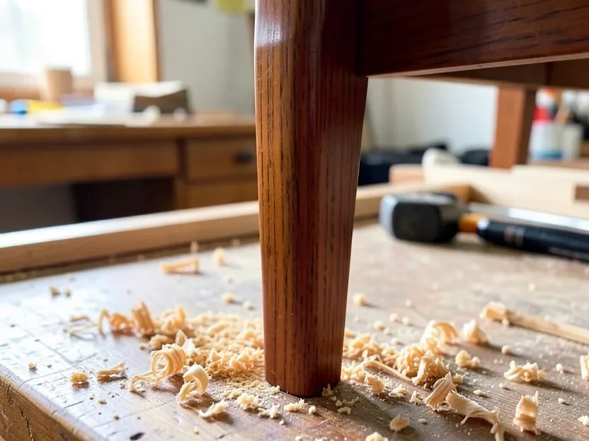 Finished mahogany chair leg being sanded in a woodworking shop with wood shavings