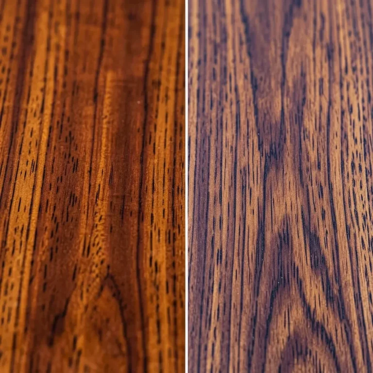 Mahogany wood grain (warm reddish-brown) next to walnut wood grain (cool chocolate-brown) close comparison