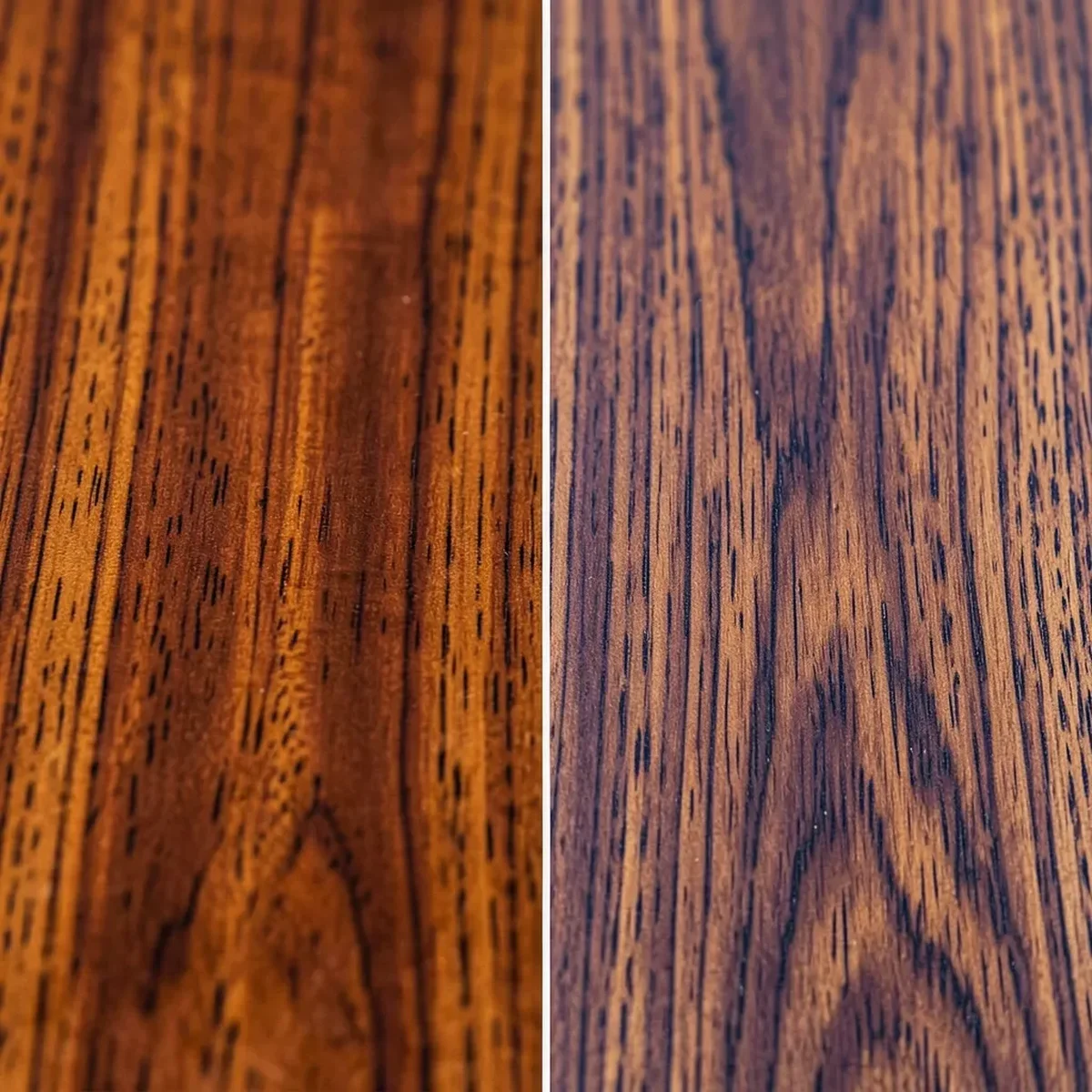 Mahogany wood grain (warm reddish-brown) next to walnut wood grain (cool chocolate-brown) close comparison