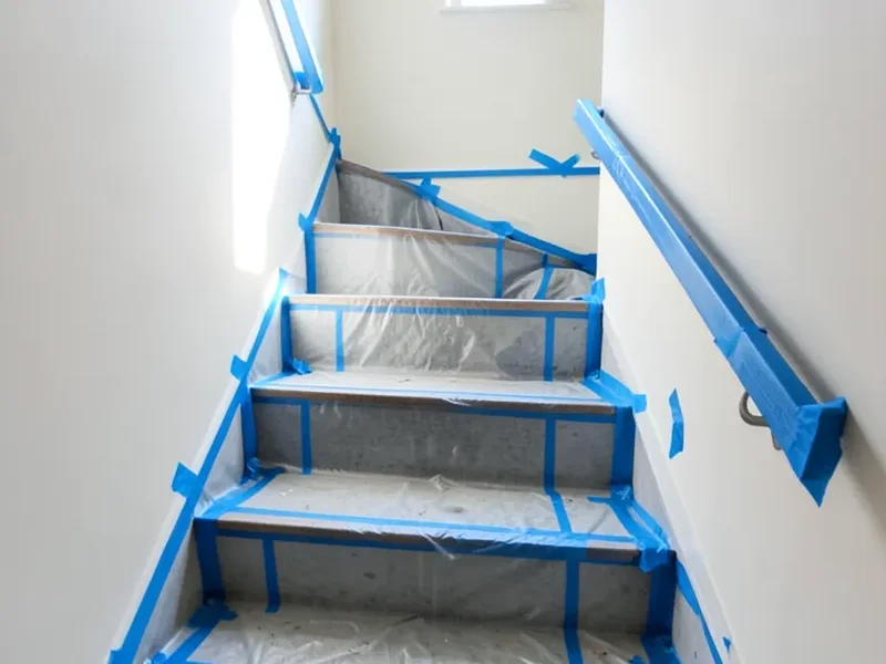 Staircase masked off with painter's tape and plastic sheeting before painting spindles