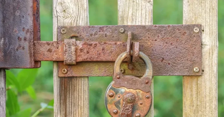 Rusty steel latch and padlock on a weathered wooden slat gate